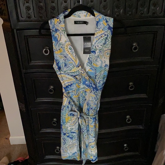 NWT Ralph Lauren White Yellow Blue Sleeveless Flare Dress Size 8P - Picture 4 of 9